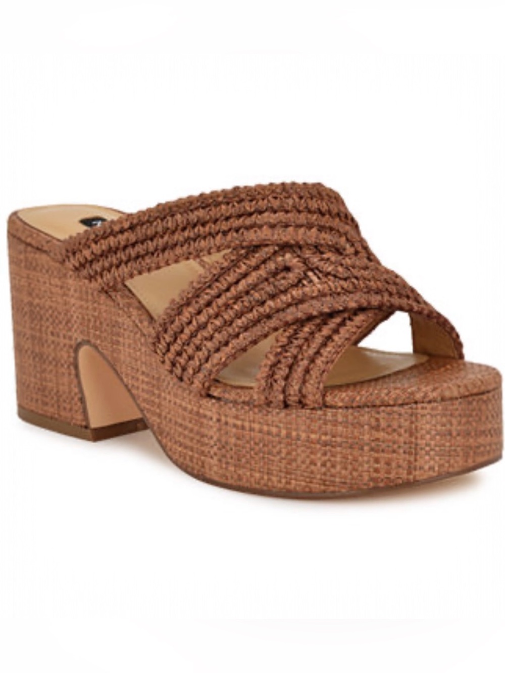 Nine West Woven Rattan Bemay Platform Block Heel Brown Sandals 7 NEW